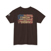 T-Shirt — 'No Comfort, Just Growth' Distressed American Flag Graphic Tee