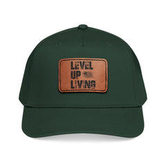 Leather Patch Baseball Cap — “LEVL UP LVNG” Motivational Trucker