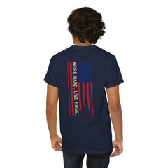 T-Shirt — Distressed American Flag 'Work Hard Live Free' Patriotic Tee