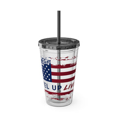 16oz Tumbler with Straw — Distressed American Flag “Level Up / Live Free” Design