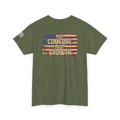 T-Shirt — 'No Comfort, Just Growth' Distressed American Flag Graphic Tee