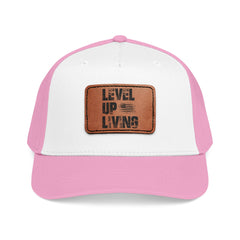 Leather Patch Baseball Cap — “LEVL UP LVNG” Motivational Trucker