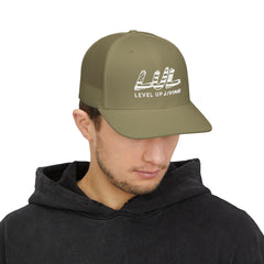 Level Up Living Snapback Trucker Cap — Distressed Logo Mesh Baseball Hat