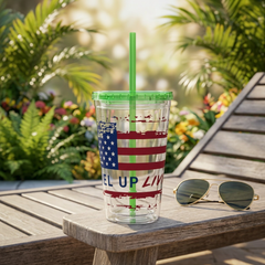 16oz Tumbler with Straw — Distressed American Flag “Level Up / Live Free” Design