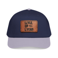 Leather Patch Baseball Cap — “LEVL UP LVNG” Motivational Trucker