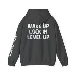Level Up Living Hoodie — "Wake Up. Lock In. Level Up." Athletic Motivational Sweatshirt