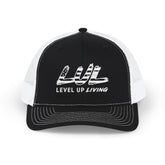 Level Up Living Snapback Trucker Cap — Distressed Logo Mesh Baseball Hat