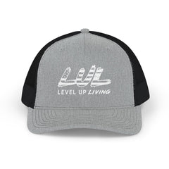 Level Up Living Snapback Trucker Cap — Distressed Logo Mesh Baseball Hat