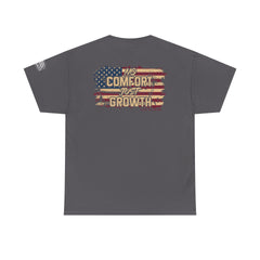 T-Shirt — 'No Comfort, Just Growth' Distressed American Flag Graphic Tee