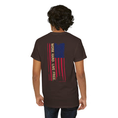 T-Shirt — Distressed American Flag 'Work Hard Live Free' Patriotic Tee