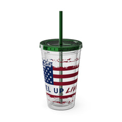 16oz Tumbler with Straw — Distressed American Flag “Level Up / Live Free” Design