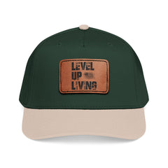 Leather Patch Baseball Cap — “LEVL UP LVNG” Motivational Trucker