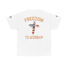 Freedom to Worship Tee — American Flag Cross Christian Religious T‑Shirt