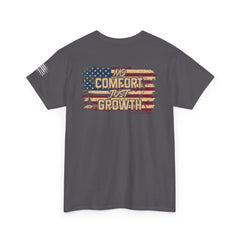 T-Shirt — 'No Comfort, Just Growth' Distressed American Flag Graphic Tee