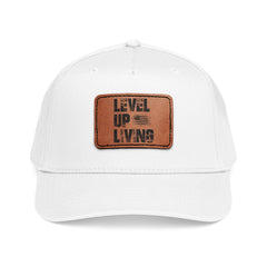 Leather Patch Baseball Cap — “LEVL UP LVNG” Motivational Trucker