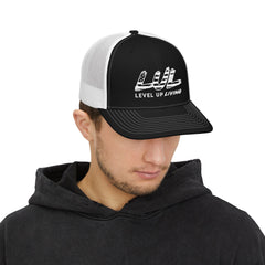 Level Up Living Snapback Trucker Cap — Distressed Logo Mesh Baseball Hat