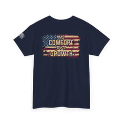 T-Shirt — 'No Comfort, Just Growth' Distressed American Flag Graphic Tee
