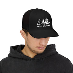 Level Up Living Snapback Trucker Cap — Distressed Logo Mesh Baseball Hat