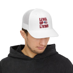 Level Up Living Snapback Trucker Cap — Patriotic Gamer Vibe Hat
