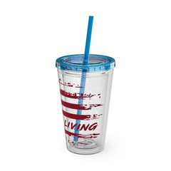 16oz Tumbler with Straw — Distressed American Flag “Level Up / Live Free” Design