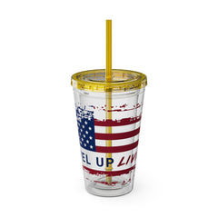 16oz Tumbler with Straw — Distressed American Flag “Level Up / Live Free” Design