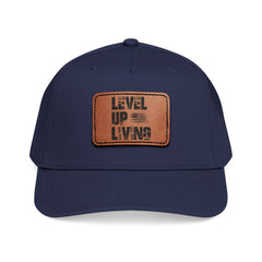 Leather Patch Baseball Cap — “LEVL UP LVNG” Motivational Trucker