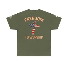 Freedom to Worship Tee — American Flag Cross Christian Religious T‑Shirt