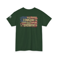 T-Shirt — 'No Comfort, Just Growth' Distressed American Flag Graphic Tee