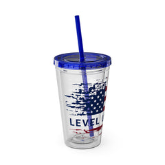 16oz Tumbler with Straw — Distressed American Flag “Level Up / Live Free” Design