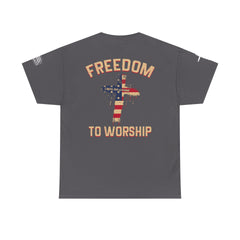 Freedom to Worship Tee — American Flag Cross Christian Religious T‑Shirt