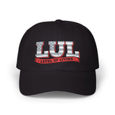 Level Up Living Dad Cap — Vintage American Flag Script Hat