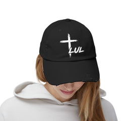 Distressed Cross Cap — "LUL" Script Christian Baseball Hat