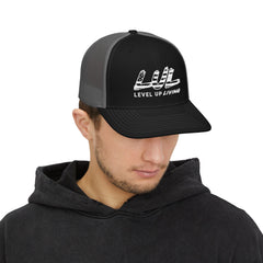 Level Up Living Snapback Trucker Cap — Distressed Logo Mesh Baseball Hat