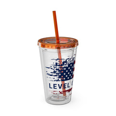 16oz Tumbler with Straw — Distressed American Flag “Level Up / Live Free” Design