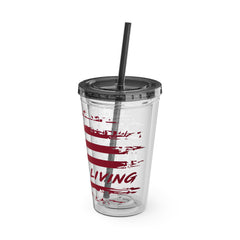 16oz Tumbler with Straw — Distressed American Flag “Level Up / Live Free” Design