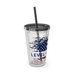 16oz Tumbler with Straw — Distressed American Flag “Level Up / Live Free” Design