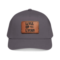 Leather Patch Baseball Cap — “LEVL UP LVNG” Motivational Trucker