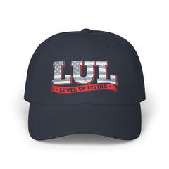 Level Up Living Dad Cap — Vintage American Flag Script Hat