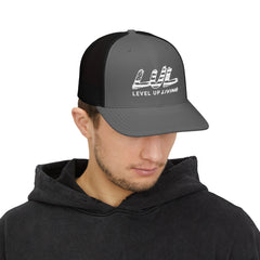 Level Up Living Snapback Trucker Cap — Distressed Logo Mesh Baseball Hat