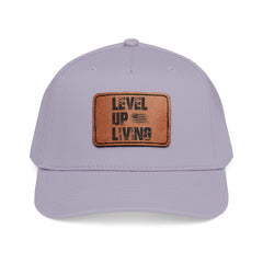 Leather Patch Baseball Cap — “LEVL UP LVNG” Motivational Trucker