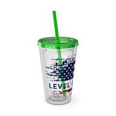 16oz Tumbler with Straw — Distressed American Flag “Level Up / Live Free” Design