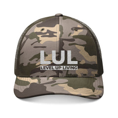 Camouflage Trucker Hat — "LUL Level Up Living" Embroidered Mesh Cap