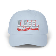 Level Up Living Dad Cap — Vintage American Flag Script Hat