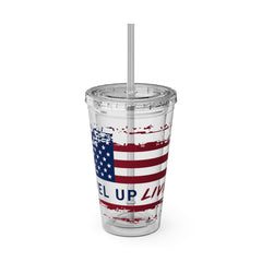16oz Tumbler with Straw — Distressed American Flag “Level Up / Live Free” Design