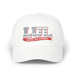 Level Up Living Dad Cap — Vintage American Flag Script Hat
