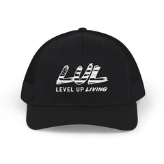 Level Up Living Snapback Trucker Cap — Distressed Logo Mesh Baseball Hat