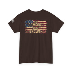 T-Shirt — 'No Comfort, Just Growth' Distressed American Flag Graphic Tee