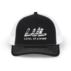 Level Up Living Snapback Trucker Cap — Distressed Logo Mesh Baseball Hat