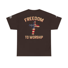 Freedom to Worship Tee — American Flag Cross Christian Religious T‑Shirt