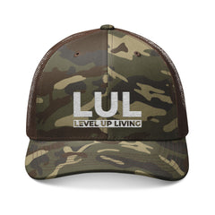 Camouflage Trucker Hat — "LUL Level Up Living" Embroidered Mesh Cap